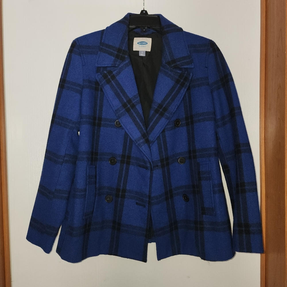 Old Navy Blue & Black Plaid Double Breasted Wool Blend Pea Coat Size S